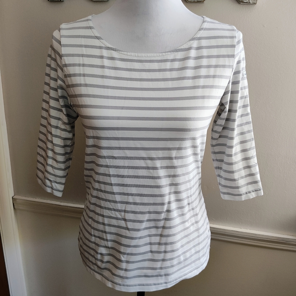 Saint James White With Grey Stripes 3/4 Sleeve Top Women's Sz 10